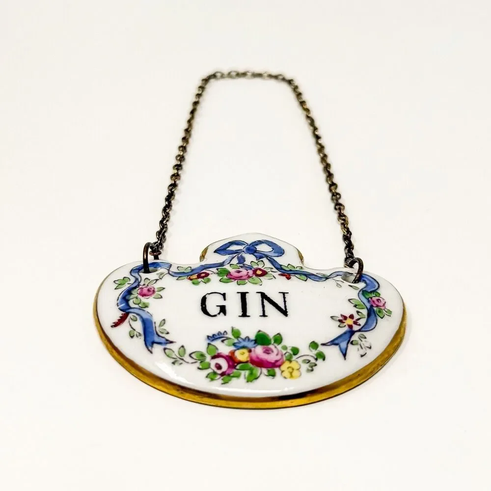 Vintage Crown Staffordshire Gin Decanter Label Fine Bone China w Chain